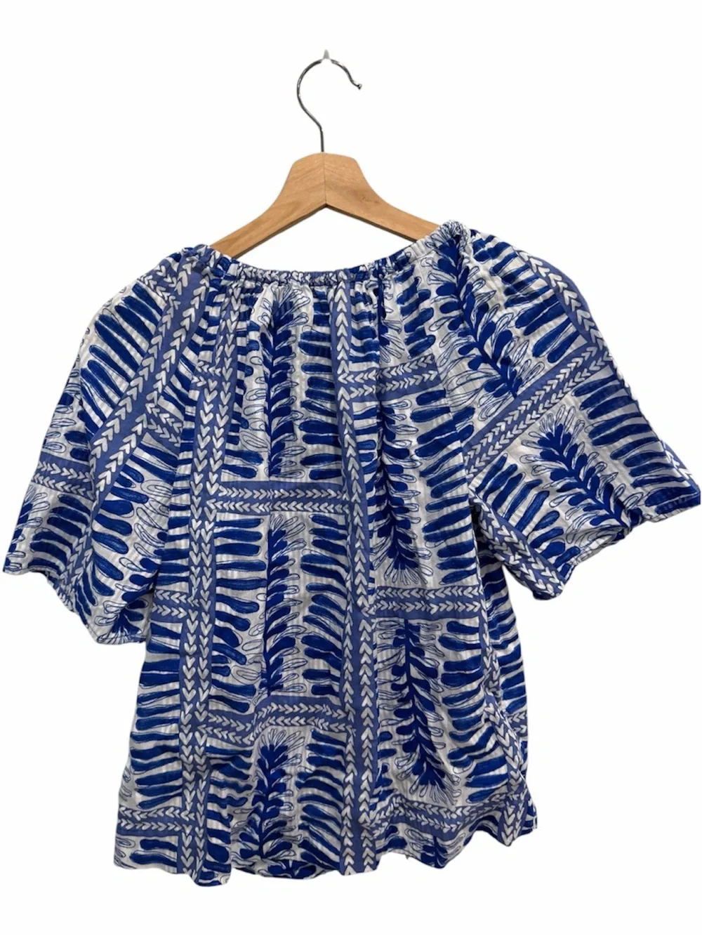 LOFT Blue White Leaf Block Print Peasant Blouse Split Neck Tie XS 100% Cotton